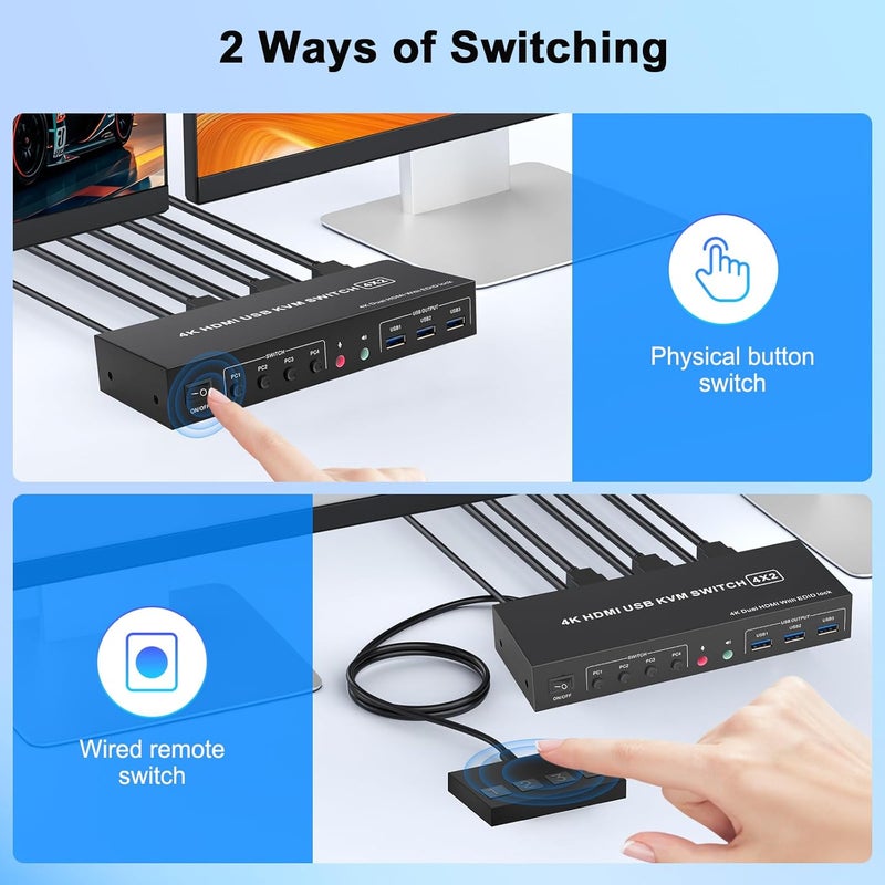TaiLaiEra 4K HDMI KVM Switch 2 Monitors 4 Computers, Dual Monitor and 2 HDMI USB 3.0 KVM Switches 4K@60Hz,Support Extended/Mirror Mode Share 3 USB 3.0 Ports with Desktop Controller, Adapter Included - Image 5